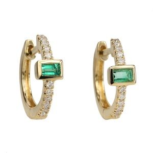 14k Yellow Gold Pair Emerald Huggies Like Jacquie Aiche Baguette Mini Hoops